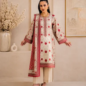 Off-White Red Embroidered Linen 3-Piece Suit with Printed Linen Dupatta & Dyed Trouser | LamZeen