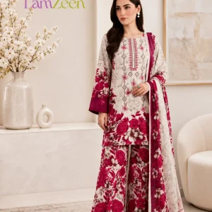 Maroon floral embroidered linen 3 piece unstitched suit by Lamzeen