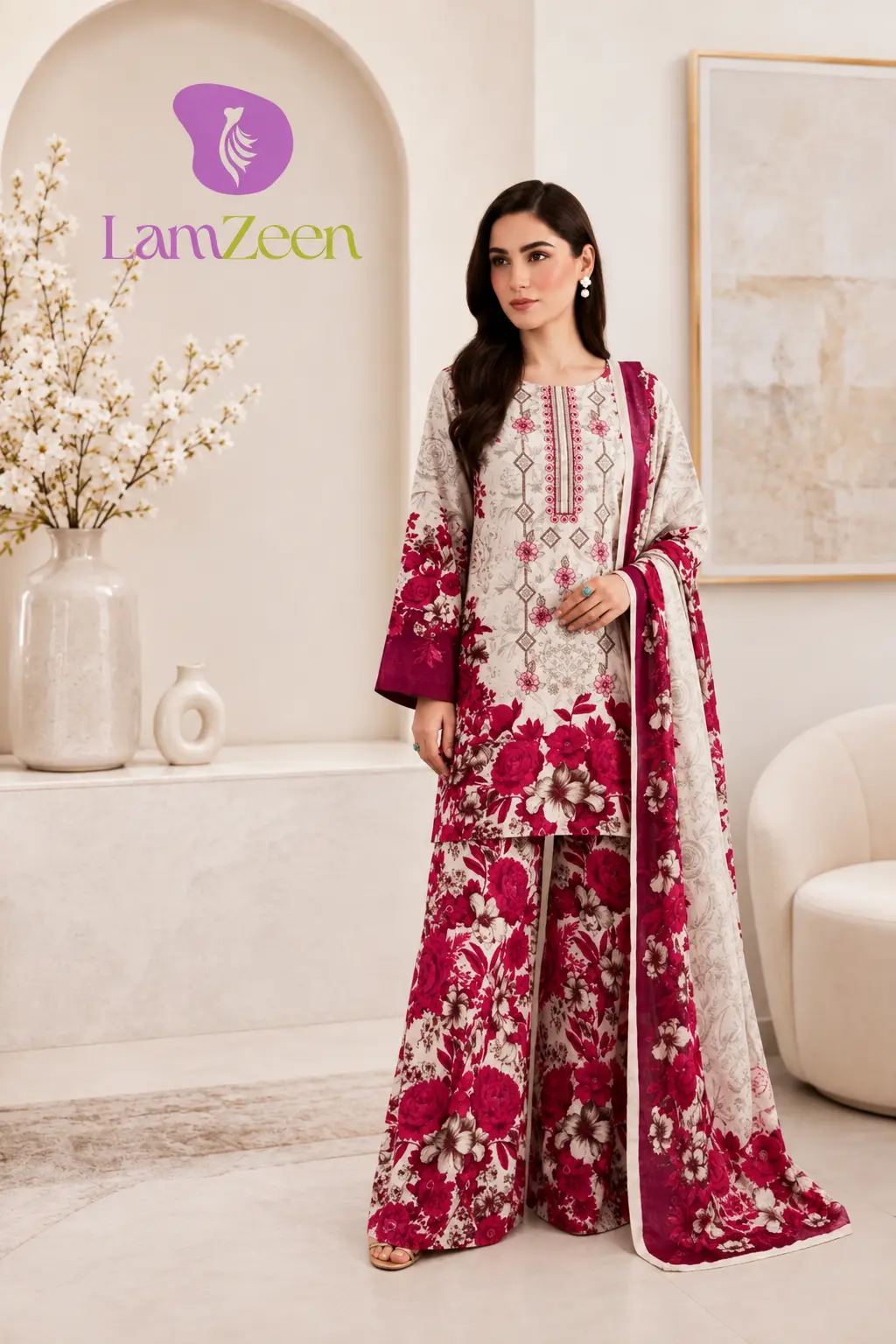 Maroon floral embroidered linen 3 piece unstitched suit by Lamzeen