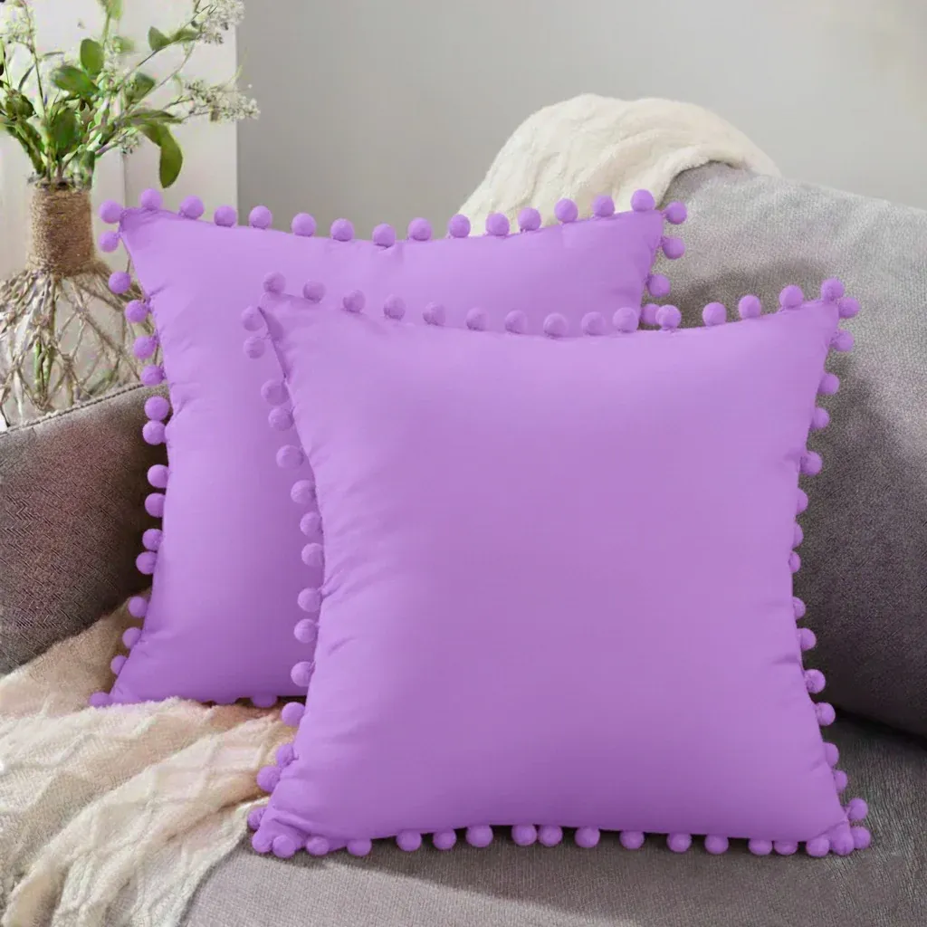 purple Pack of 2 Pom Pom Lace Cushions 18×18 Inches lamzeen Pack of 2 pom pom lace cotton cushion covers 18x18 inches with optional filling