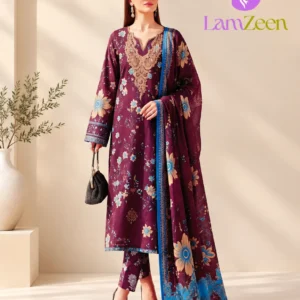 Purple Floral Khaddar 3 Piece Unstitched Suit - All-Over Printed & Embroidered Shirt | LamZeen