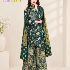 Dark Green Embroidered Khaddar 3 Piece Suit for Women | Winter Khaddar Dress | LamZeen