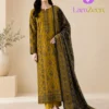 Mustard Embroidered Dhanak 3 Piece Unstitched Suit with Printed Shawl Dupatta | LamZeen
