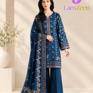 Premium Teal Blue Embroidered Khaddar 3-Piece Unstitched Winter Suit