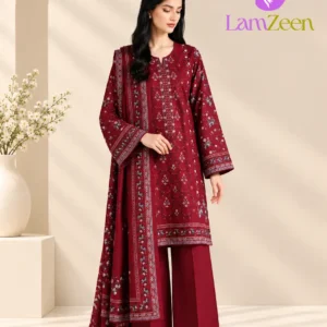 Premium Maroon Embroidered Khaddar 3-Piece Unstitched Winter Suit